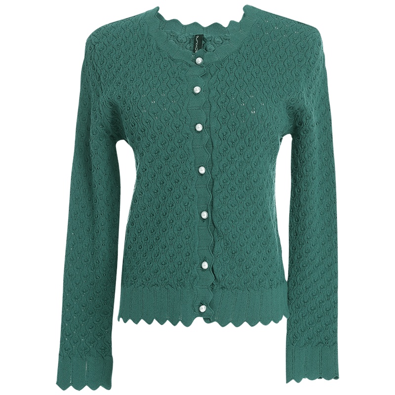 欧昵雪春季波浪边圆领针织衫衫女修身显瘦长袖毛衣外套