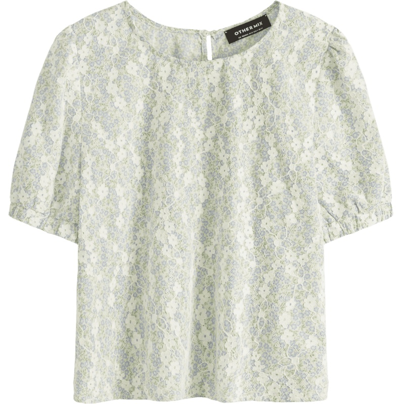 OtherMix碎花蕾丝雪纺衫2021年夏季新款圆领短袖设计感印花女上衣