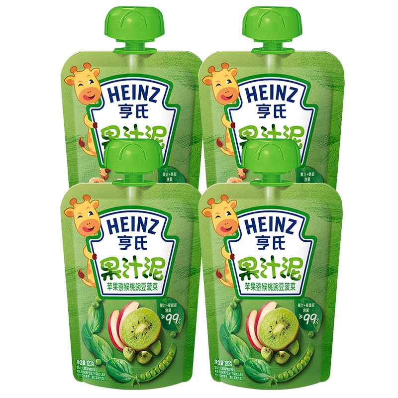 Heinz/亨氏乐维滋蔬苹果猕猴桃豌豆菠菜果泥果汁泥120g*4袋 亨氏果泥婴儿果泥吸吸乐 宝宝水果泥辅食宝宝营养零食