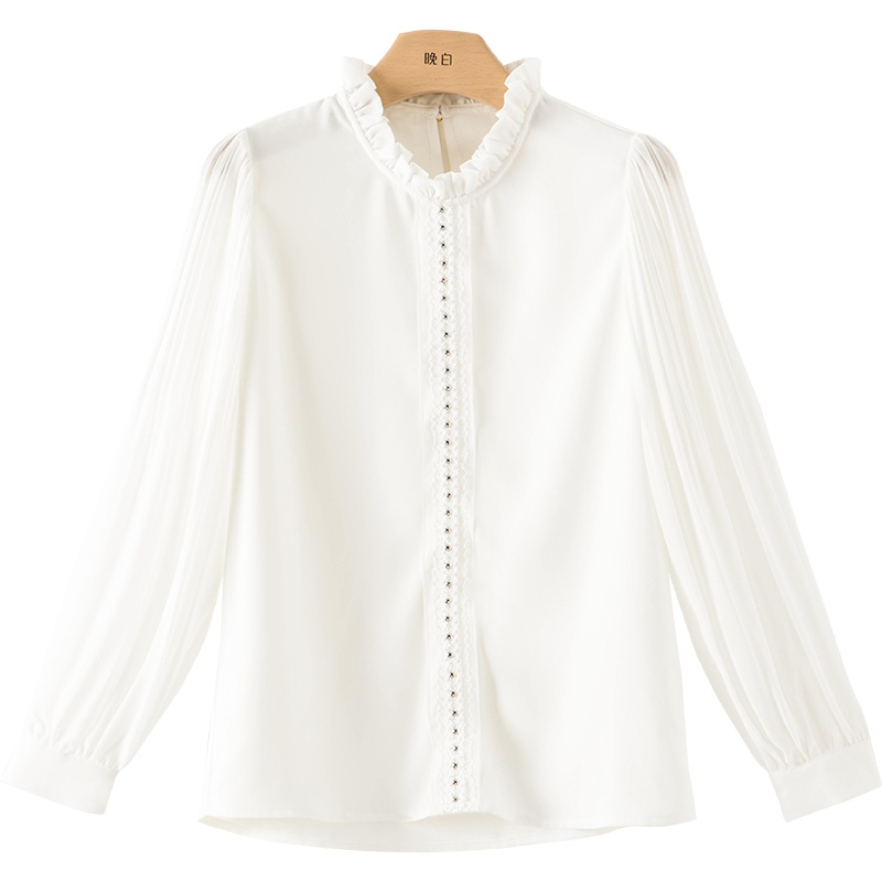晚白2021春季新品时尚休闲木耳立领长袖纯色百搭雪纺衫衬衫衬衣女