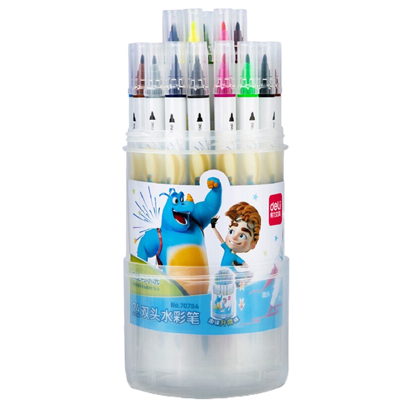 得力(deli)24色可水洗双头学生水彩笔 旋转桶装儿童绘画笔 画画笔涂鸦笔套装 70734