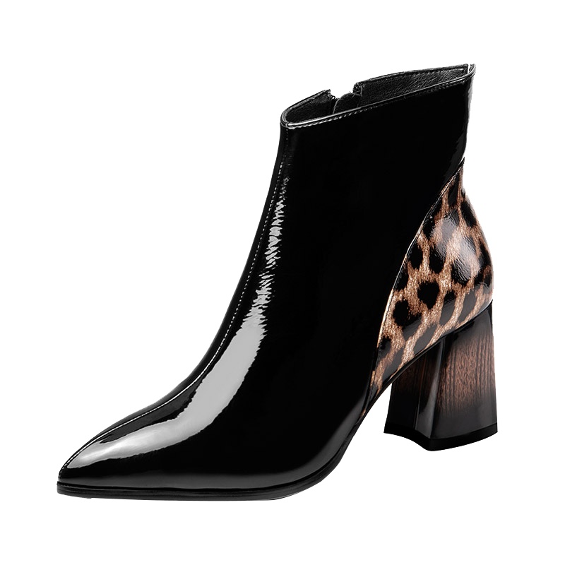 Kmioo J19S011马丁靴子女高跟鞋粗跟尖头瘦瘦鞋豹纹英伦风百搭真皮2019新款短靴