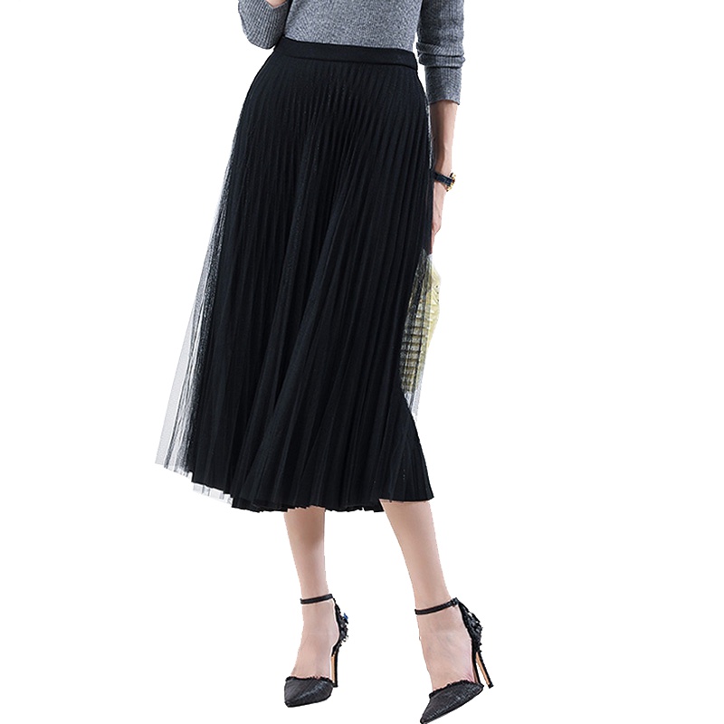 丝柏舍2019秋装女纯色高腰显瘦双层大摆A字网纱半身裙S93B4808B