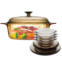 康宁(VISIONS)3.25L晶彩玻璃锅/茶色八件套 厨具套装 汤锅 炖锅 透明锅厨具套装透明耐热玻璃碗碟深浅盘 餐具
