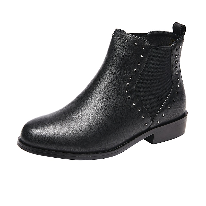 康奈女鞋 冬季切尔西靴女时尚铆钉圆头短靴方跟松紧带潮流休闲女士低筒靴15288015