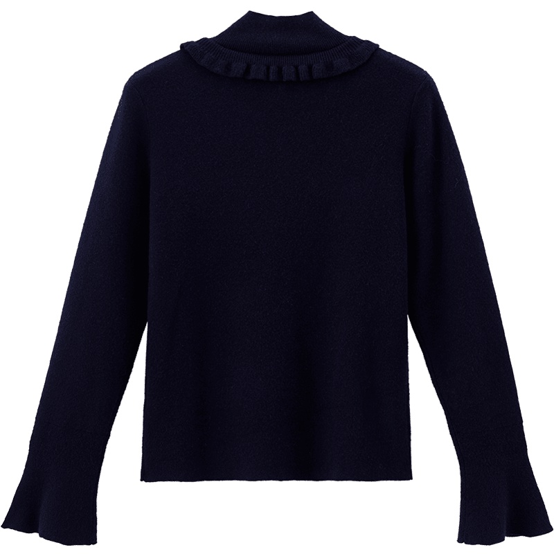 茵曼2019新款优雅气质秋冬半高领打底套头毛衣女木耳边纯色喇叭袖