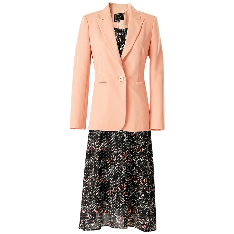 欧昵雪长袖收腰西装外套+印花雪纺吊带连衣裙两件套