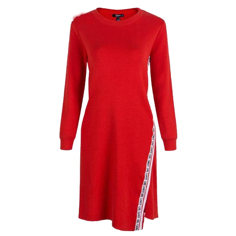 拉夏贝尔Candie’s秋装新款撞色圆领九分袖拼接连衣裙显瘦30071021