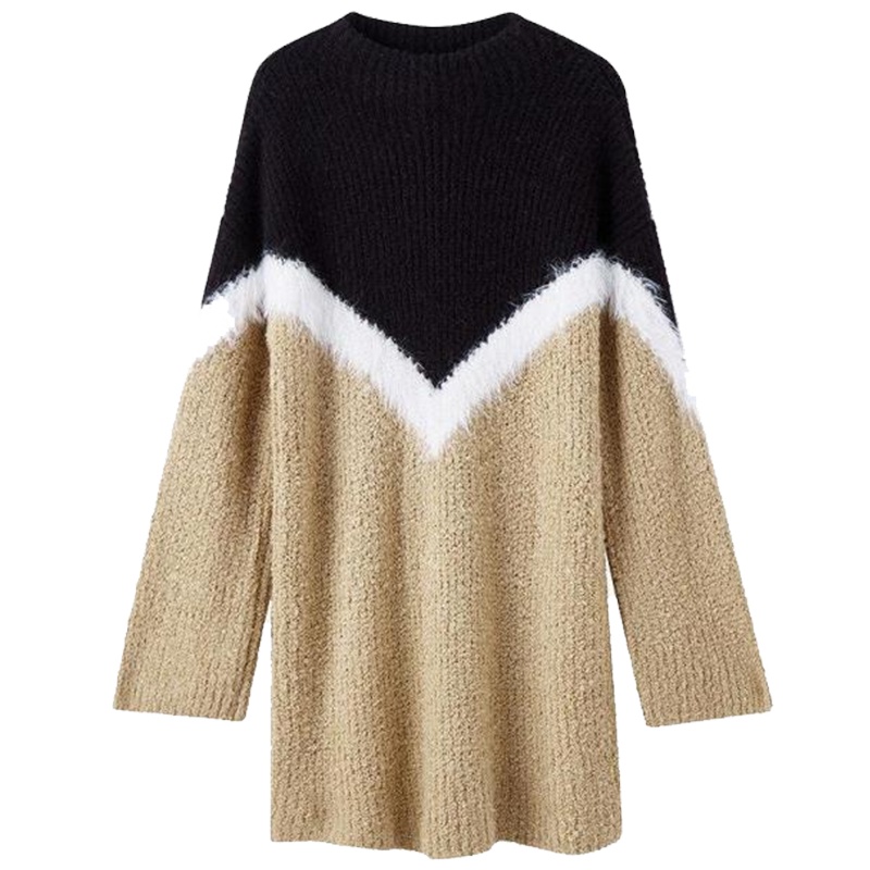 拉夏贝尔7M莫丽菲尔韩版外穿上衣宽松学生圆领慵懒风拼接毛衣女70011566