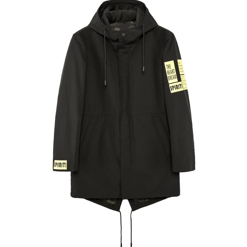 黑鲸印花连帽风衣秋季男装时尚可收腰中长款外套男CWFAJ38037A