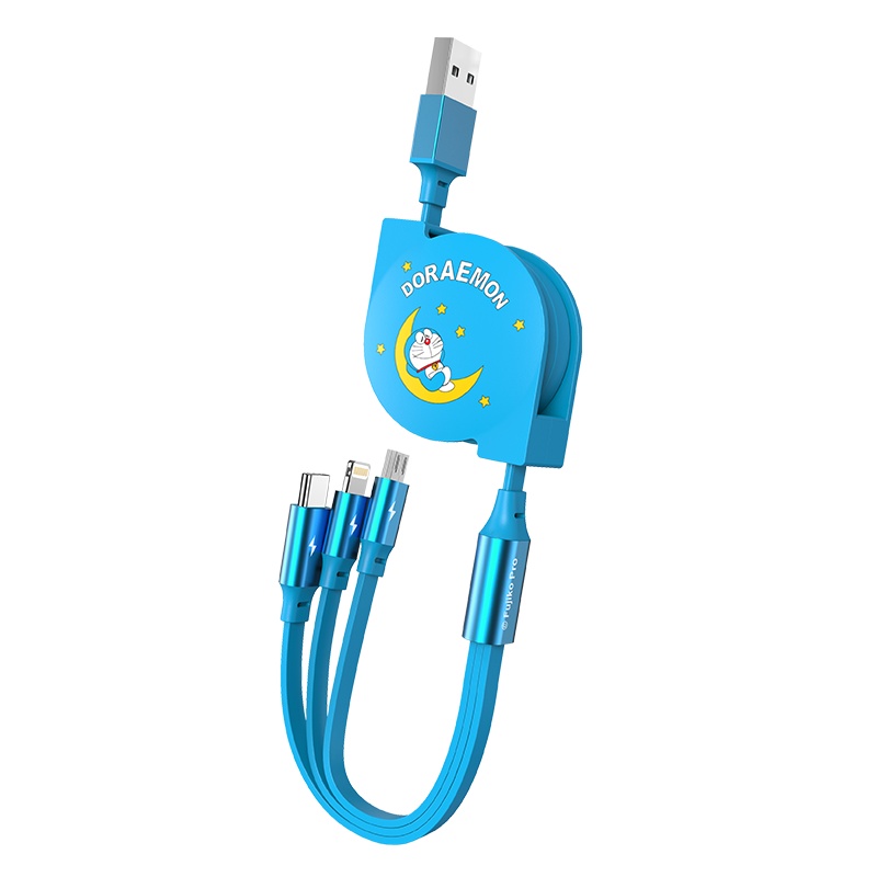 ROCK哆啦A梦数据线一拖三充电线苹果typec安卓3合1手机伸缩快冲线蓝胖子车载加长适用于ipad华为iphone12