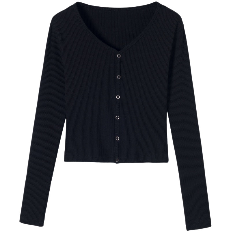 三彩2020春季新款V领短款打底衫棉弹修身长袖套头T恤衫上衣