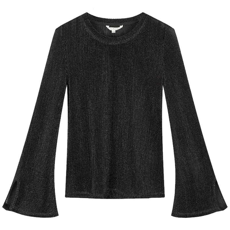 【专柜同款】复古打底上衣女拉夏贝尔拉贝缇2019秋装新款韩版喇叭长袖黑色T恤60006408