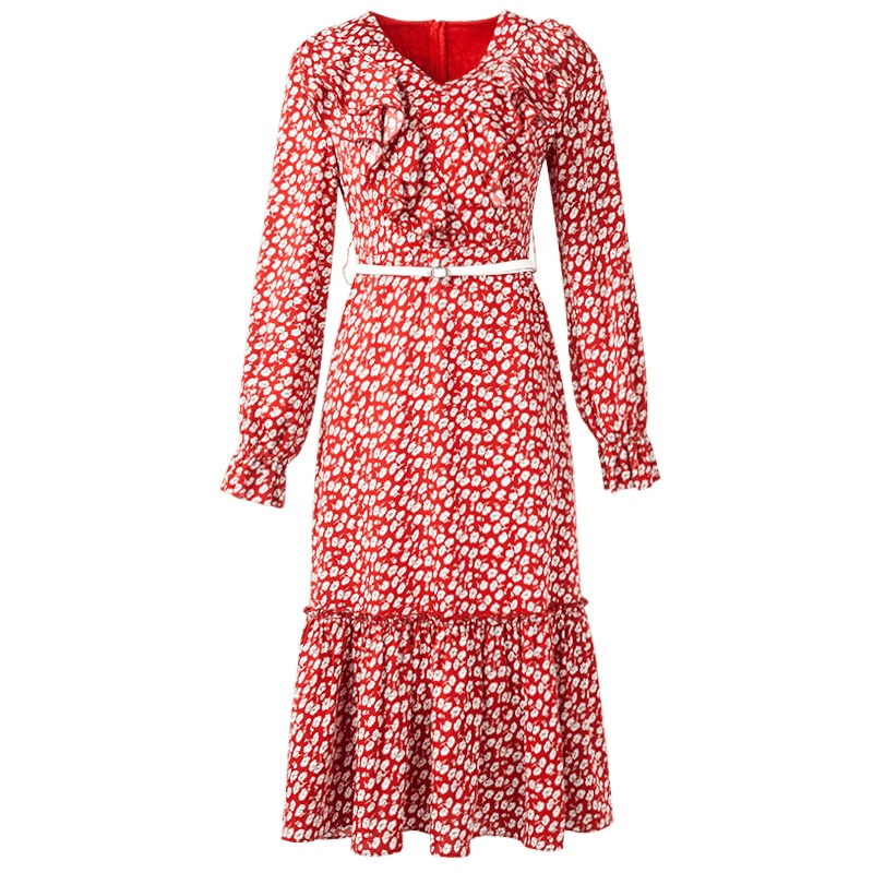 晚白2021春新品时尚印花V领长袖修身高腰A字碎花雪纺裙连衣裙女