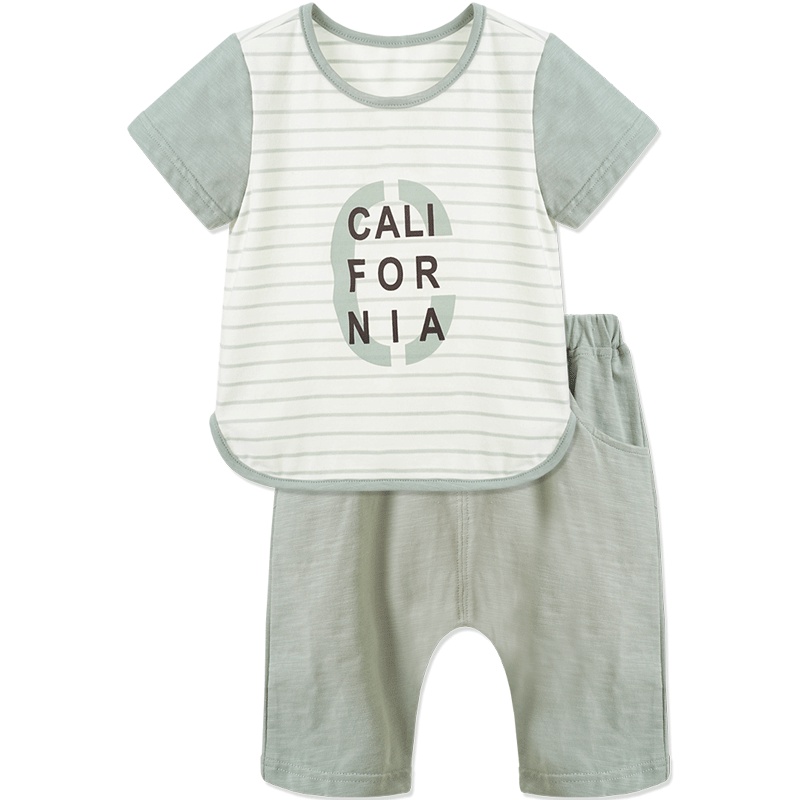 男童夏季纯色轻薄圆领短袖运动装条纹两件套1-5岁73-120码