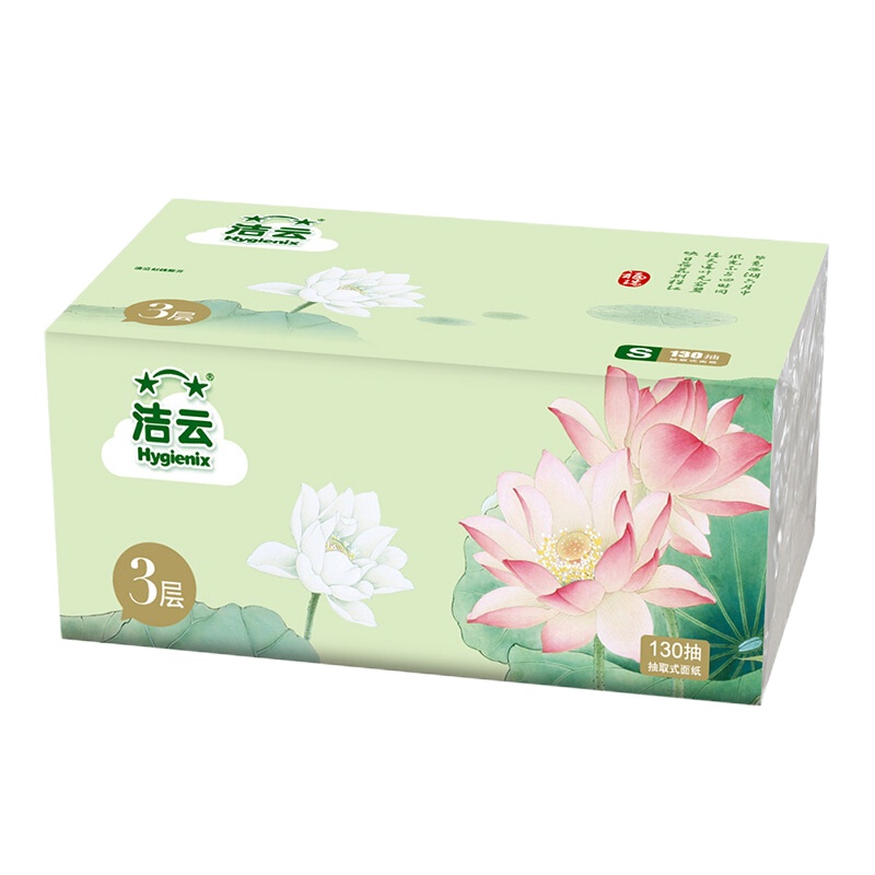 16420702洁云 抽纸 福瑞国色荷花系列3层130抽软抽面巾纸 6包装 小规格（新老包装交替发货）