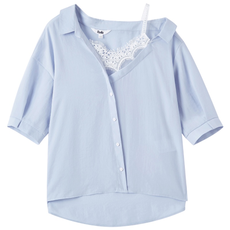 【专柜同款】拉夏贝尔夏纯色五分袖露肩蕾丝心机设计仙女衬衫20014267