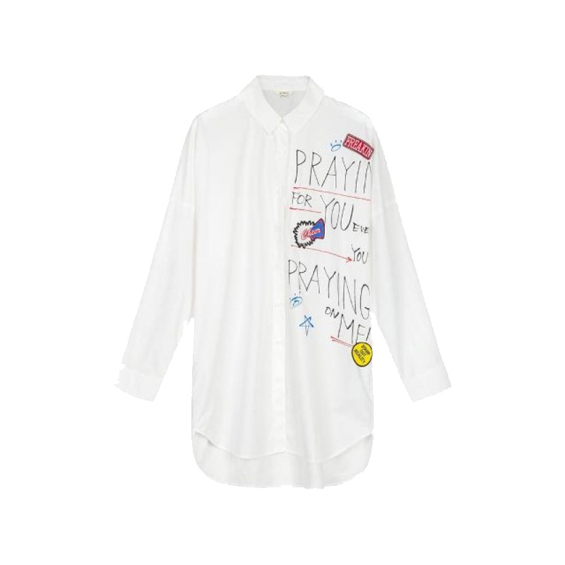 拉贝缇春季衬衫新印花白色宽松韩版中长款长袖衬衫女学生韩版宽松