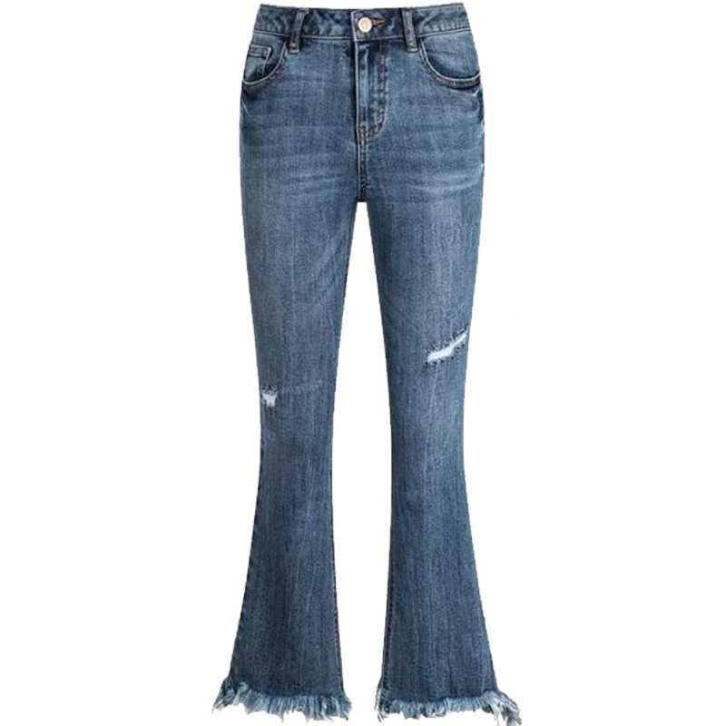 【热卖】微喇阔腿牛仔裤女2019春夏新款韩版休闲直筒显瘦破洞流苏长裤子女20011620