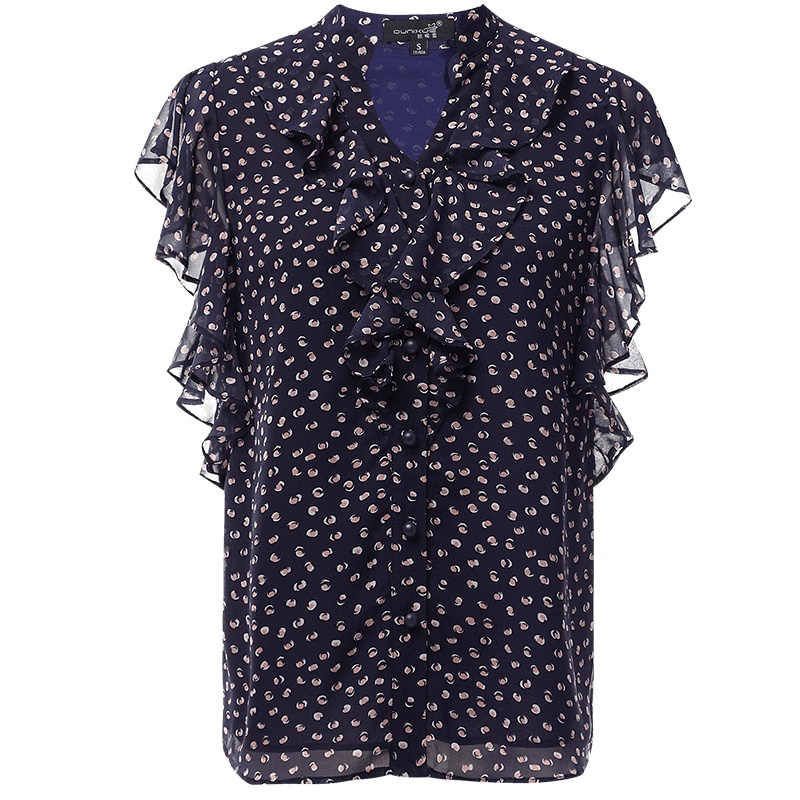 欧昵雪夏季立领拼接荷叶边飞飞袖印花雪纺衫女短袖上衣