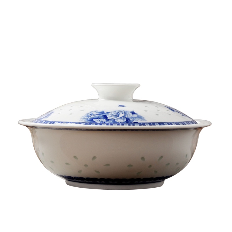 景德镇陶瓷大汤碗青花玲珑牡丹花品锅带盖碗中式釉中彩餐具优品 23.5x12厘米(含盖)