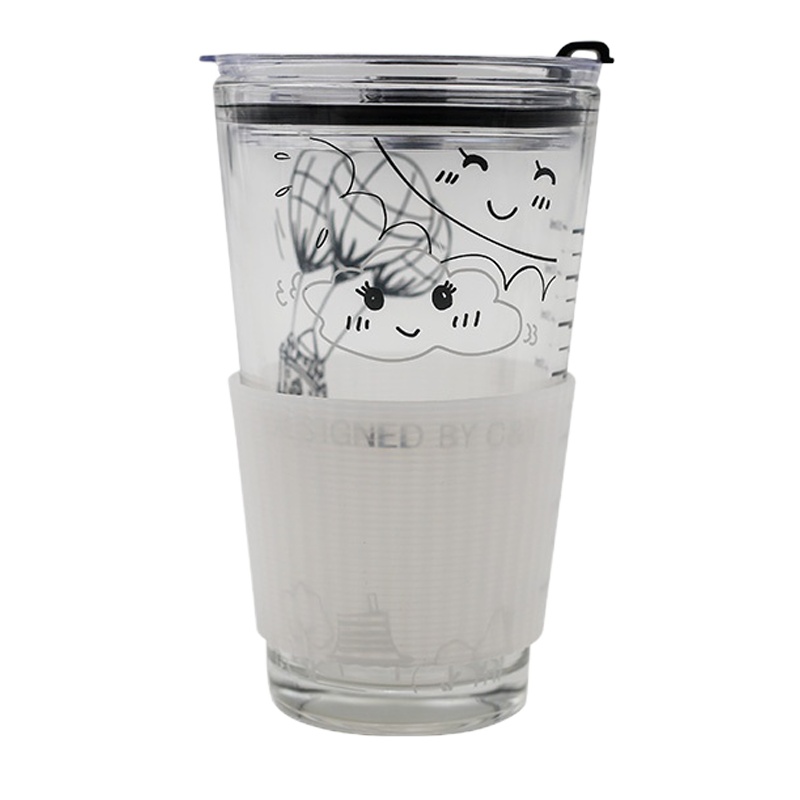 带刻度牛奶钢化玻璃杯网红ins风透明少女心水果茶带盖吸管水杯子大人 封后 配黑色盖子+白色杯套+不锈钢吸管+钢化玻璃吸管