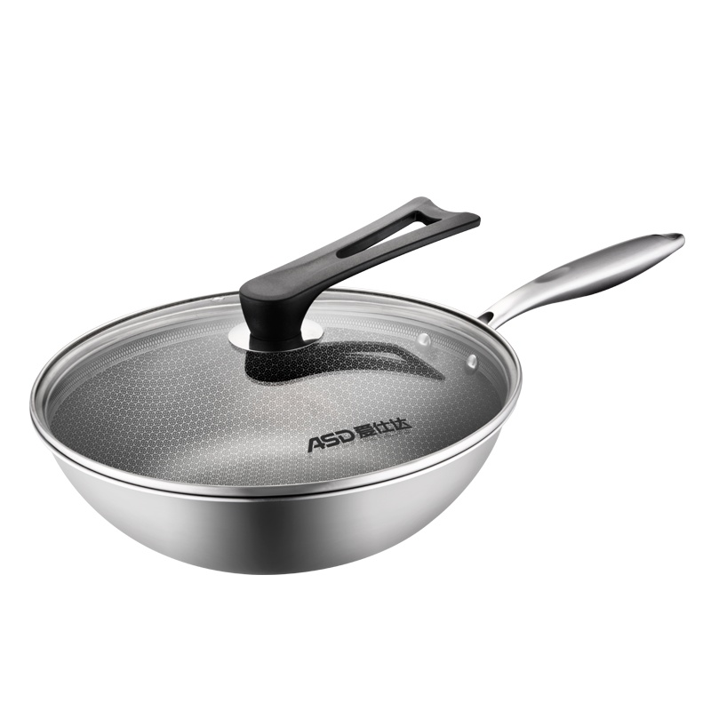 爱仕达(ASD)防粘304不锈钢炒锅 30cm大容量 硬核耐磨轻油少烟三层钢炒菜锅不惧铁铲一擦及净 燃气煤气电磁炉通用小