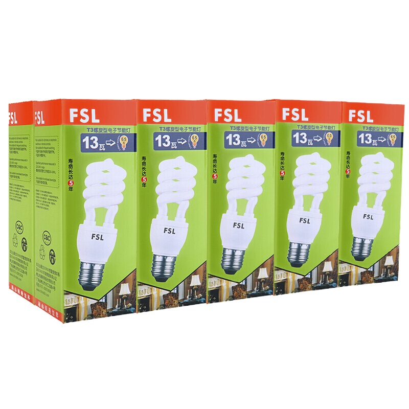 佛山照明(FSL)T3节能灯螺旋型荧光灯E27大螺口13W白光 单支装 半螺旋