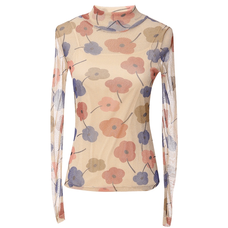 欧昵雪秋冬半高领针织网眼印花透视打底衫T恤女长袖上衣