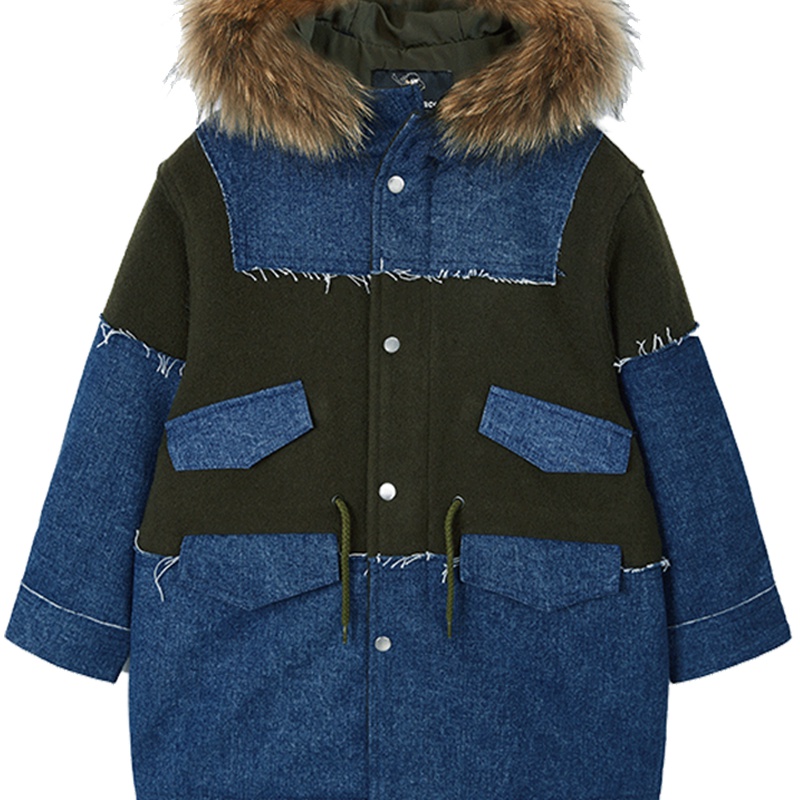 太平鸟童装男童大衣牛仔拼接中长款连帽秋冬装新款儿童外套