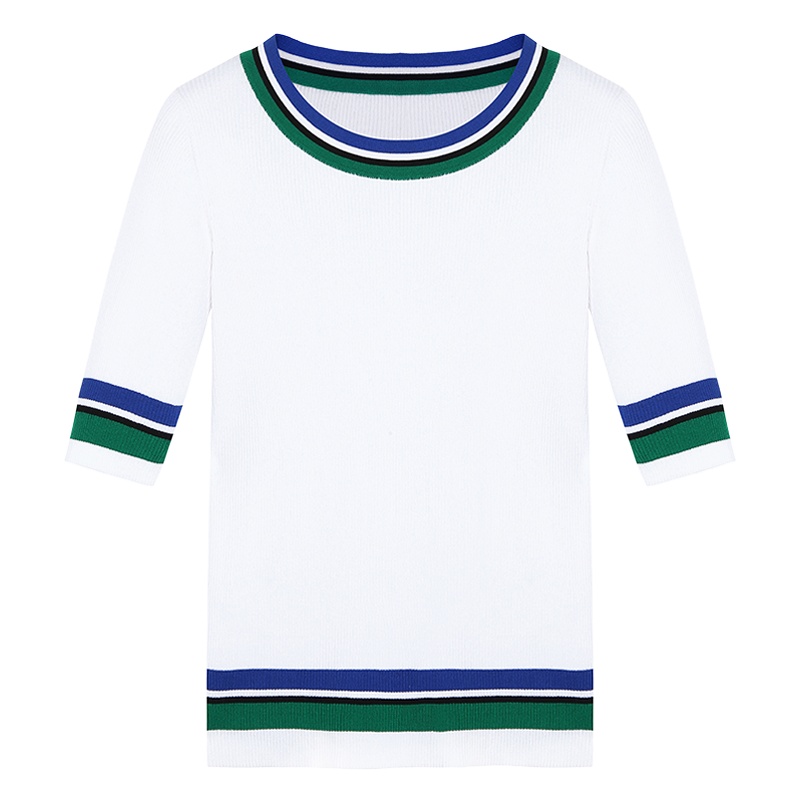 鄂尔多斯ERDOS 春夏女装撞色条纹圆领螺纹半袖纯棉针织衫女