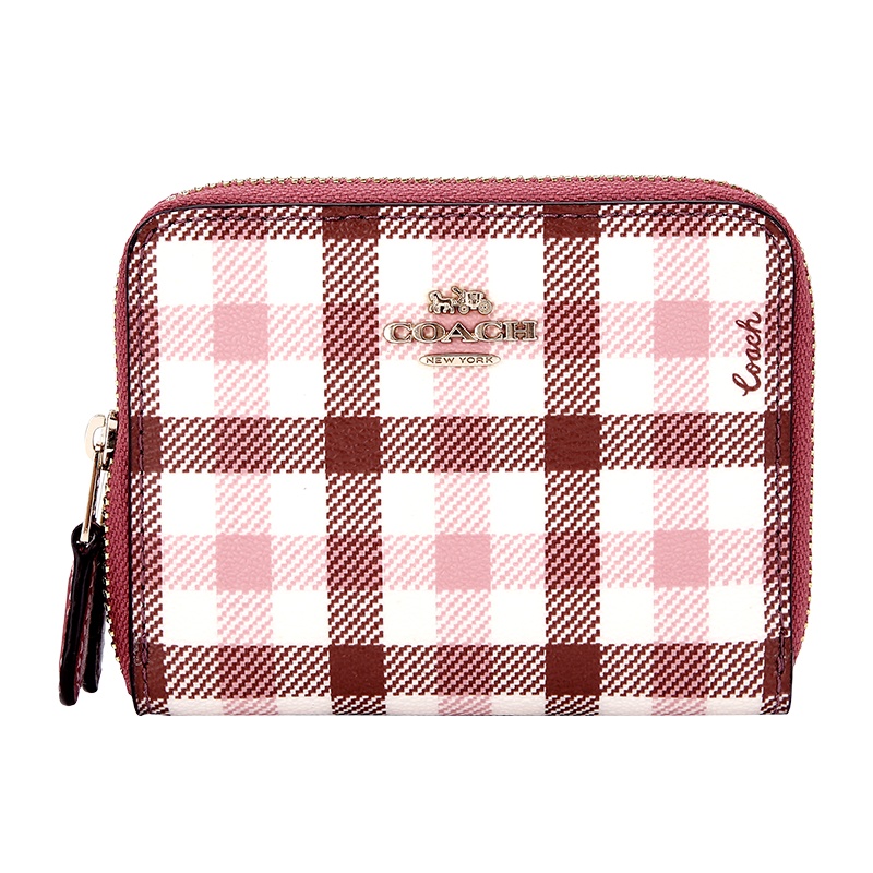 COACH 蔻驰 奢侈品 欧美时尚女士粉色格子拼色人造革短款钱包钱夹 F76753 IMP5P