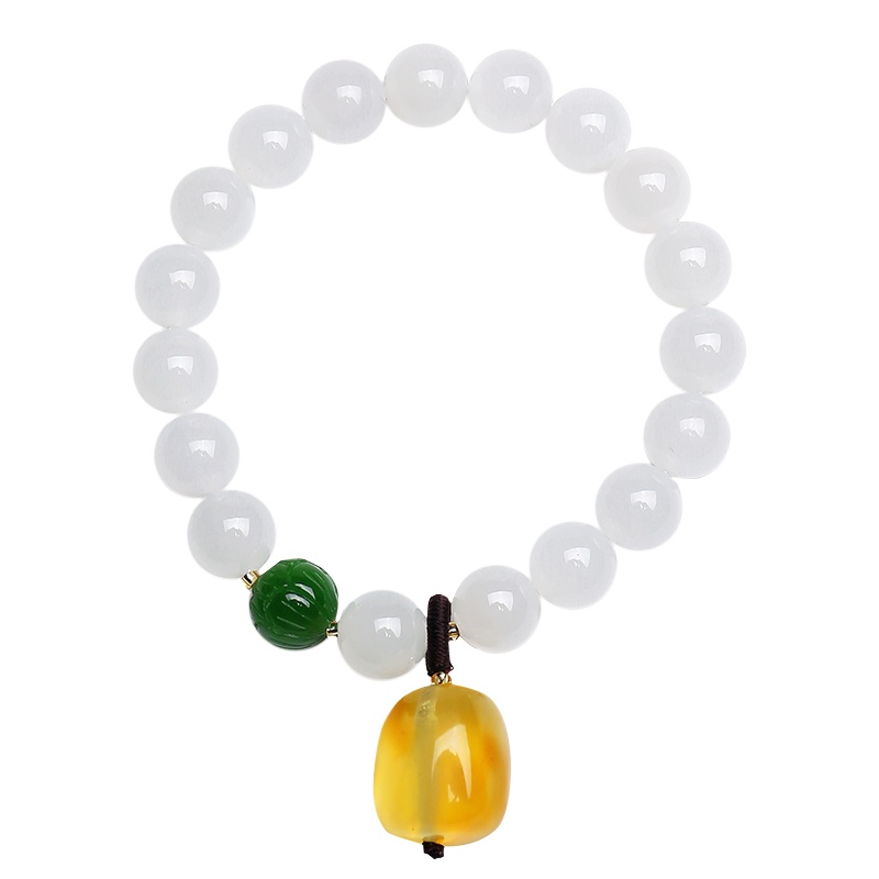 印象眸 和田玉圆珠手串 白玉圆珠搭配碧玉莲花珠单圈男女款手链 附送证书