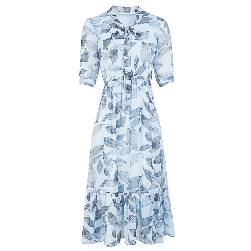 晩白 新品印花系带领短袖收腰显瘦中长款大摆雪纺连衣裙