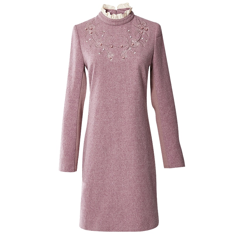 欧昵雪秋冬木耳边立领钉珠绣花长袖毛呢连衣裙女呢子短裙
