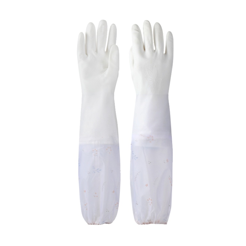 壹志家务手套清洁束口长袖洗碗手套 洗衣服护手冬季加绒手套加厚不冻手PVC清洗保暖防滑防水长款手套厨房毛绒手套 荷叶边