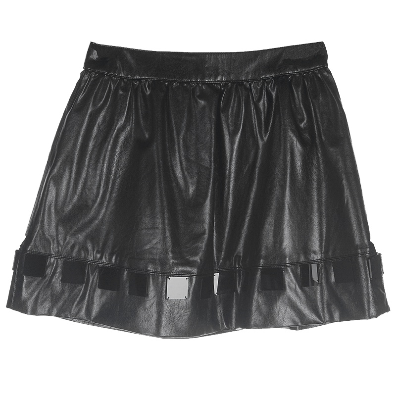 sdeer圣迪奥女装2017秋装贴片装饰小黑裙PU半身裙短裙S15381368