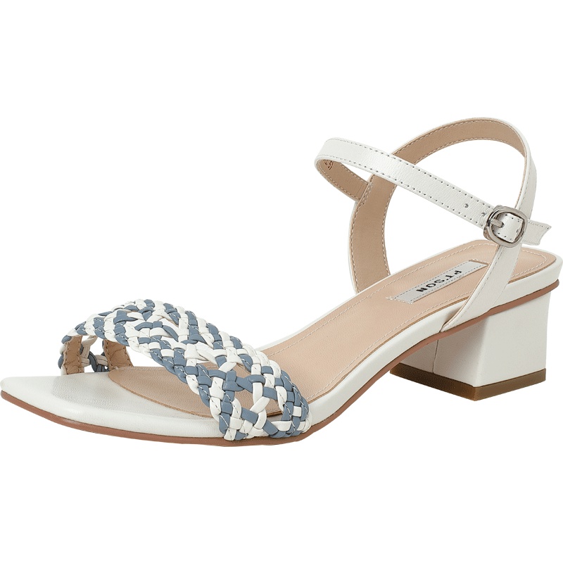 百田森夏季新款凉鞋女粗跟中跟百搭一字扣编制简约度假学生鞋_1