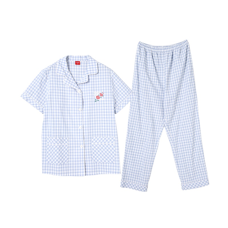 雪仙丽纯棉开衫情侣睡衣男女士夏季短袖长裤时尚格子家居服可外穿