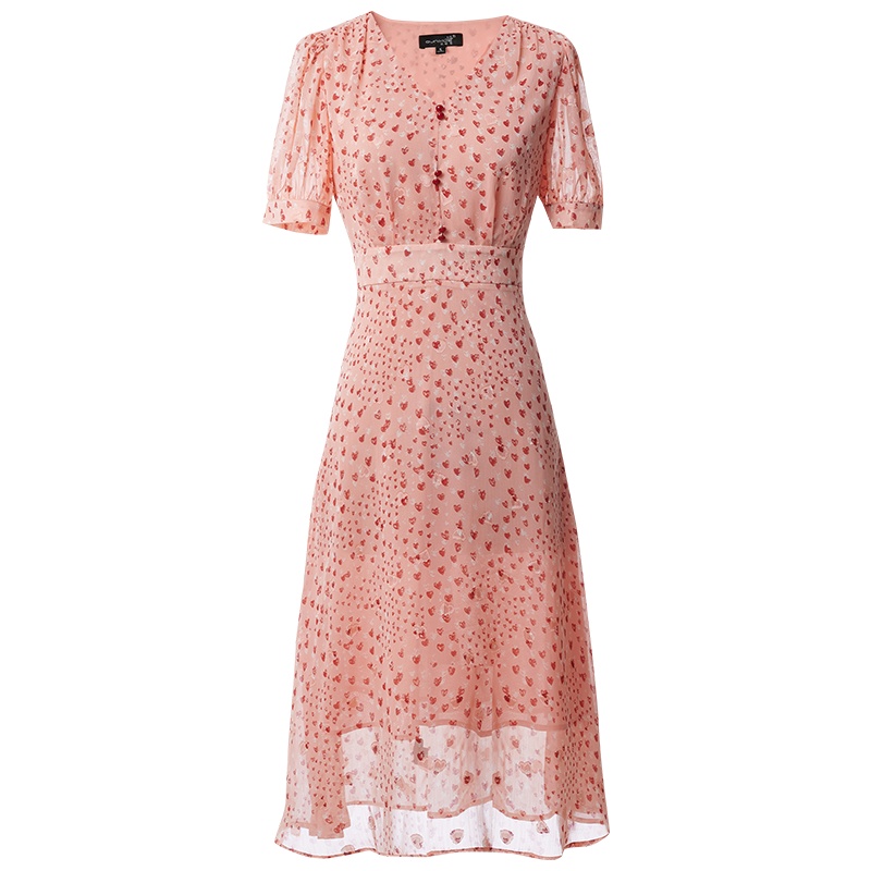 欧昵雪夏季淑女气质中长款雪纺裙子V领收腰印花连衣裙女