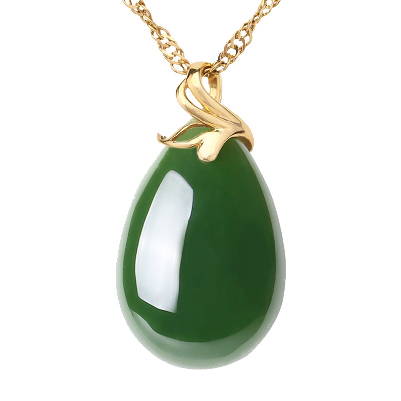 印象眸 18k金镶和田玉碧玉水滴形吊坠油亮玉石项链坠子 附送证书