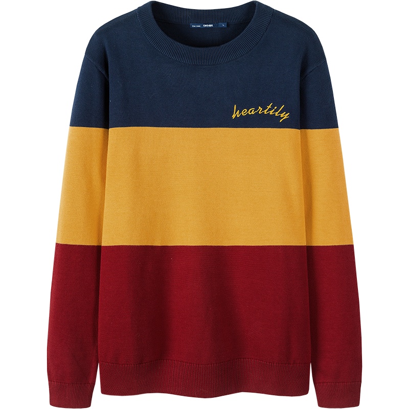 Semir森马撞色毛衣男2019冬季宽松线衫男士拼接潮流圆领青少年线衣