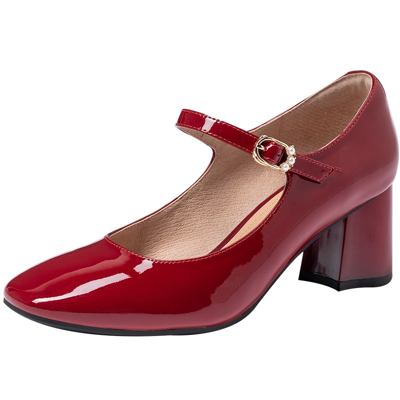 百田森商场同款春季红色玛丽珍鞋女粗跟单鞋复古方头真皮鞋女