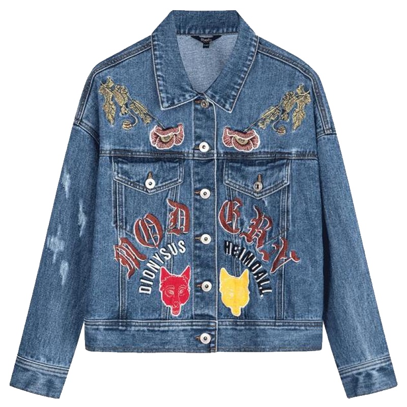 拉夏贝尔2019春装新款韩版宽松休闲学生bf刺绣chic短款原宿风牛仔外套女潮20011707