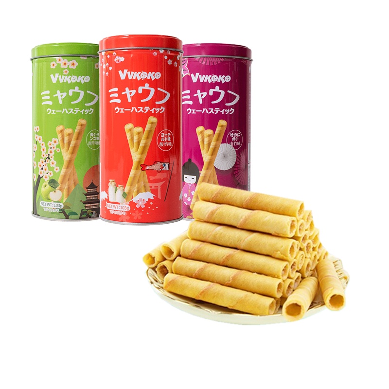 (拍3发4)VVKOKO瞄芙青苹果味爆浆威化卷心酥(罐装)103g*1 苏宁自营零食马来西亚进口蛋卷威化饼干休闲小点心