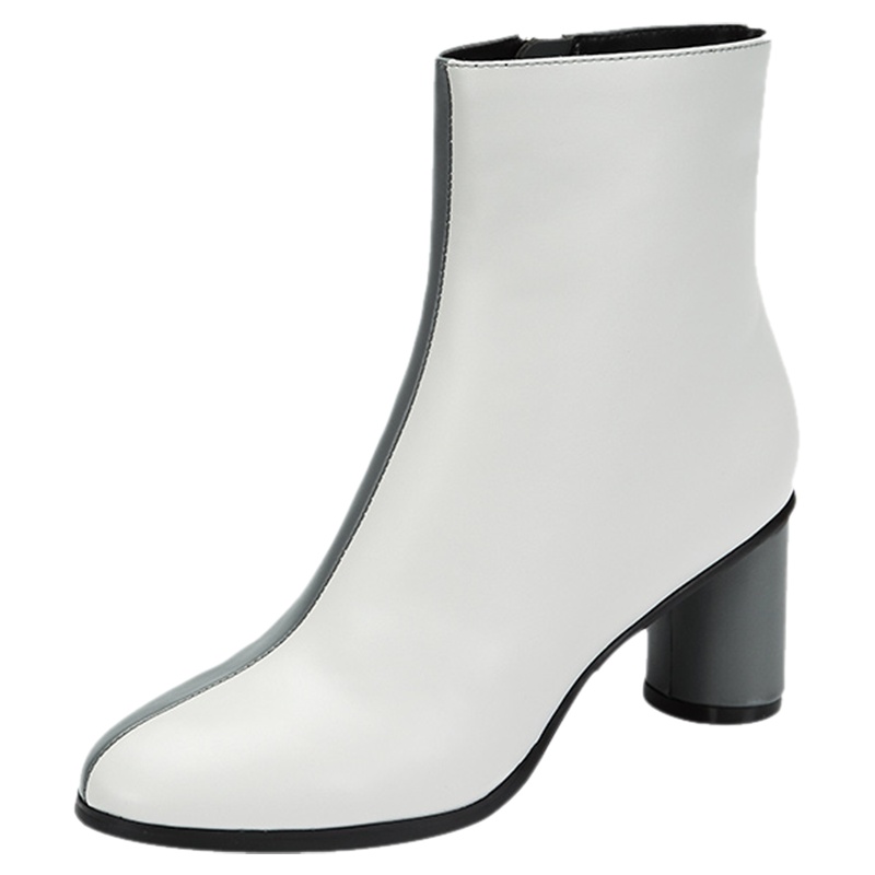 达芙妮冬新款通勤高跟撞色拼接圆头粗跟女短靴