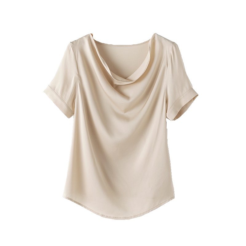 VINCIFAM2019夏季新款时尚纯色上衣短袖桑蚕丝女真丝t恤