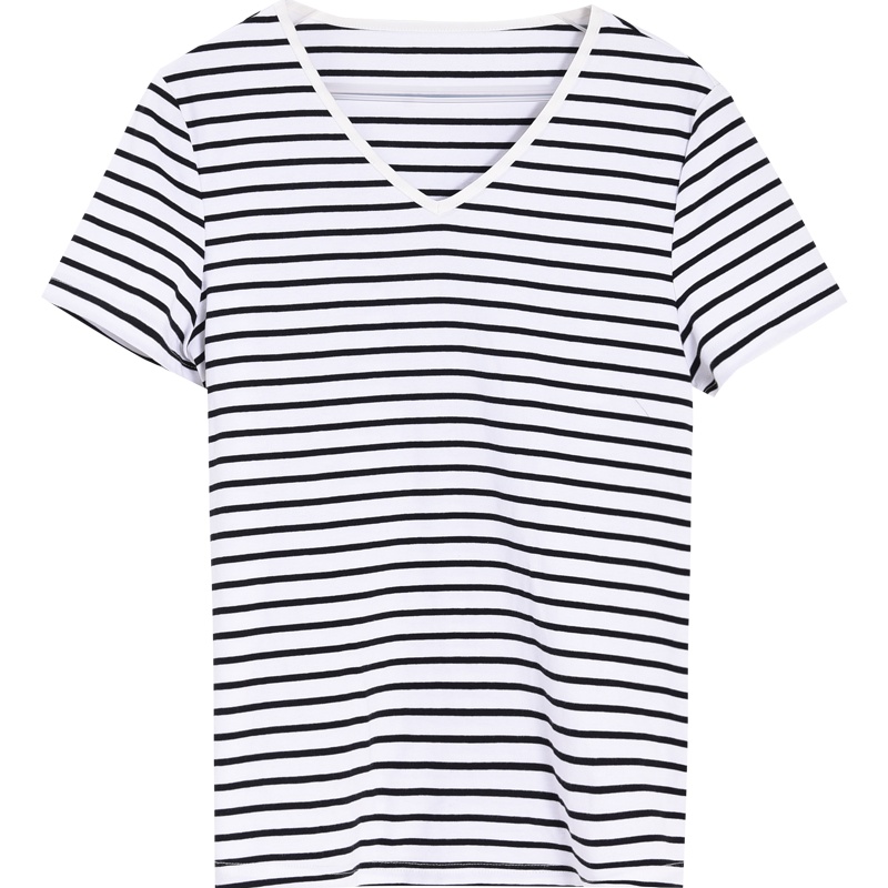 娅丽达女装2019夏装新款宽松短袖T恤女条纹V领韩版ins潮经典休闲I6008