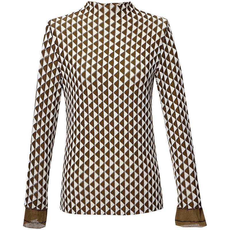 OUNIXUE欧昵雪 | [时髦立领打底衫]秋冬季雪尼尔上衣几何提花长袖针织衫女