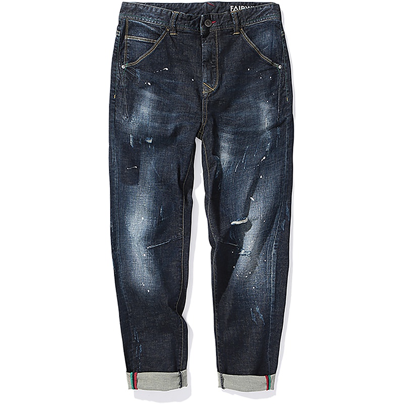 马克华菲新款个性磨白破洞深色男式牛仔裤